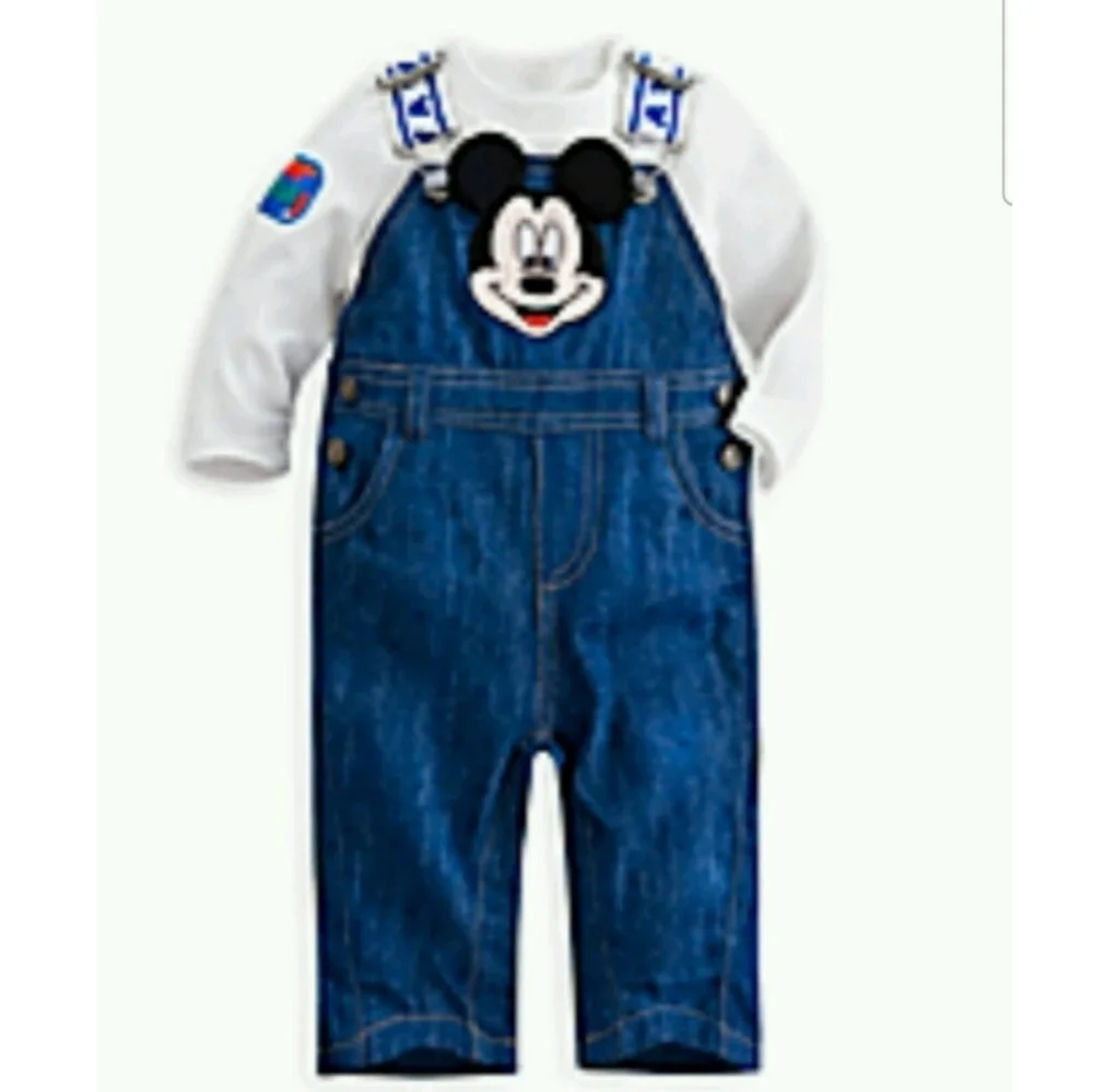 Disney Mickey Mouse Blue Denim Overalls + Shirt Baby Kids New 18-24M